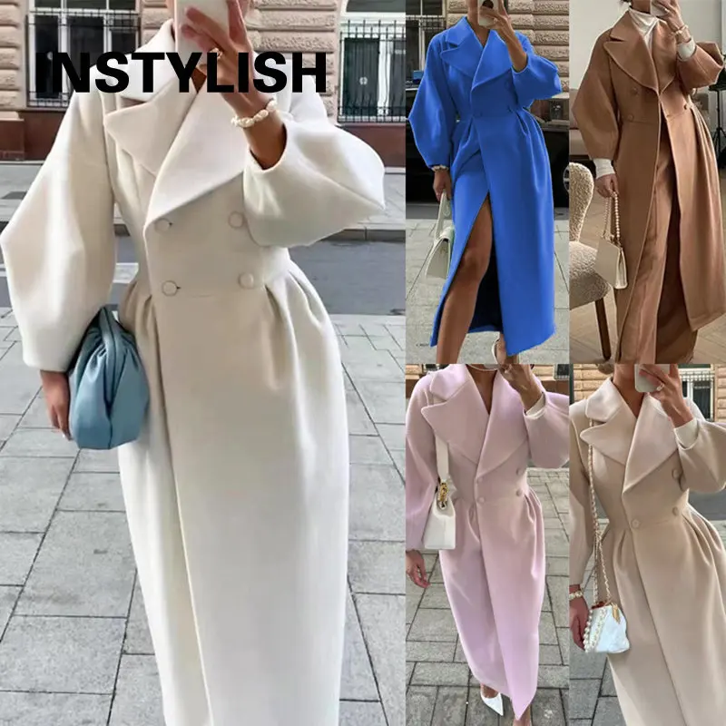 Winter Coat for Women Elegant Lantern Sleeve Lapel Collar Trench Coats Vintage Chic Long Jackets Overcoat 2023 Luxury Outwear