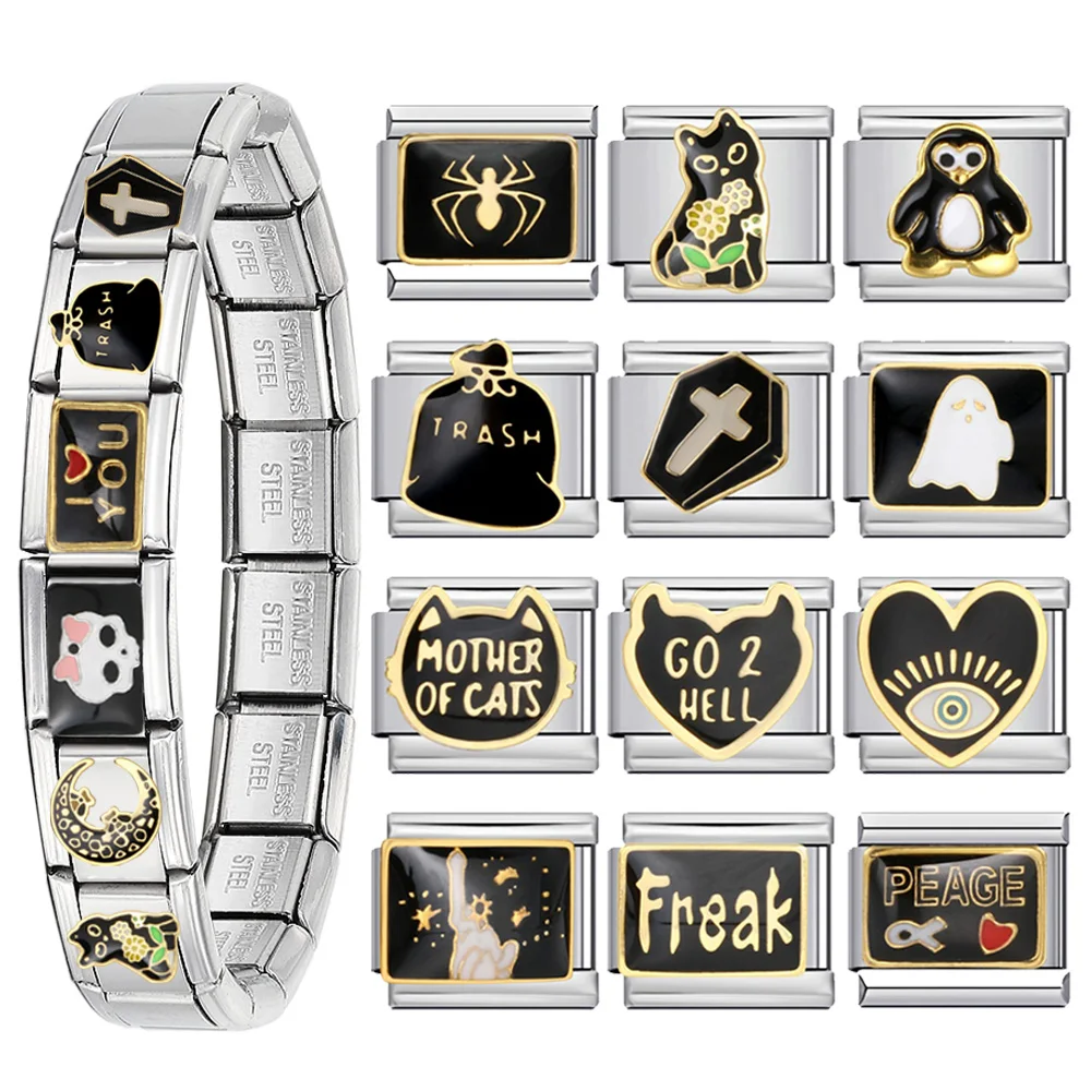 Y2K Italienischer Charm-Link, passend für 9 mm Edelstahl, modische schwarze Serie, Elfen-Katzen-Kreuz, magische Hut-Armbänder, DIY-Herstellung von Schmuck, Geschenken – Detail 1