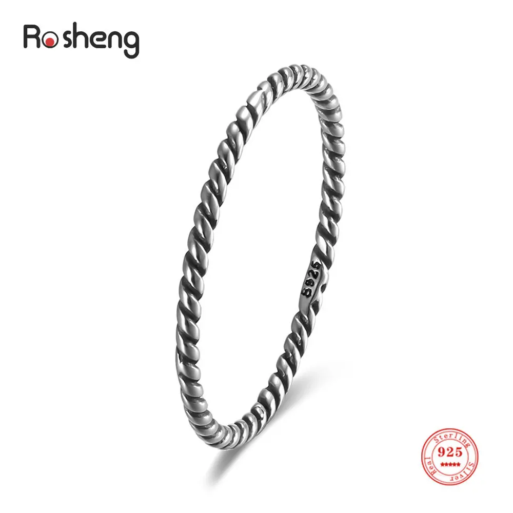 925 Sterling Silver Rings Dense Twisted Rope Thin Oxide Ring Simple Stylish Fine Jewelry for Women