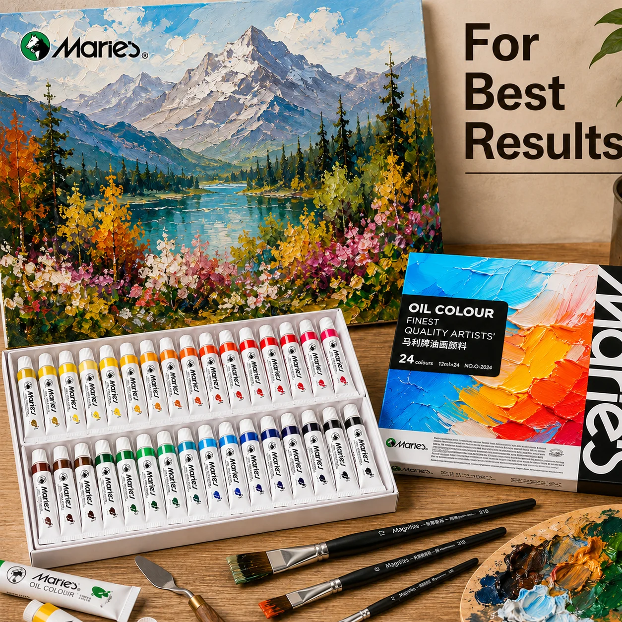 Marie's 27pcs Oil Paint Set-24 Colors 12ml/0.4oz with 3 Brushes for Rich Color Mixing,Impasto,Portrait,Landscape,Canvas