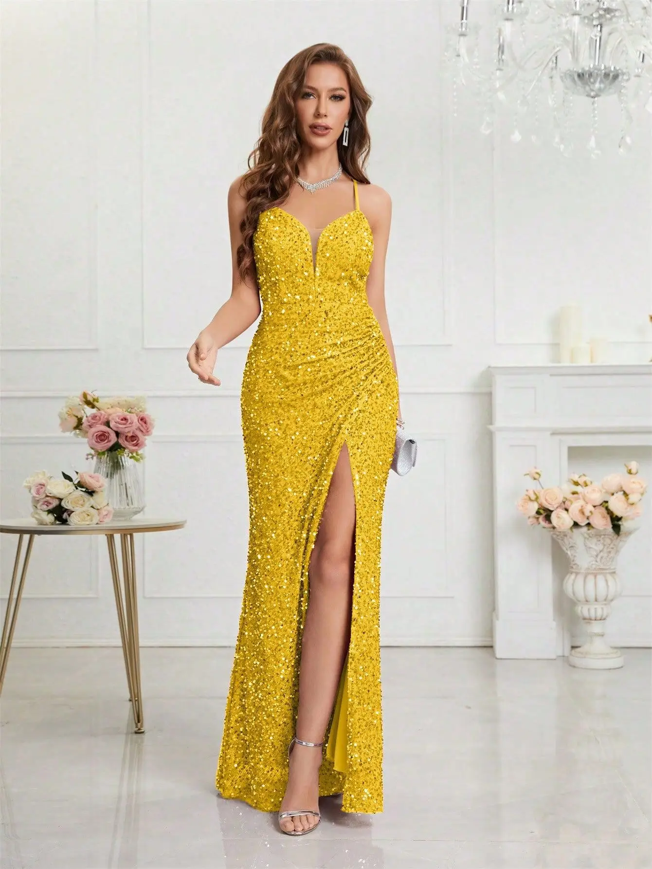 ICCLEK-Robe longue à sequins pour femmes, robe de gala élégante, jaune, fendue sur la cuisse