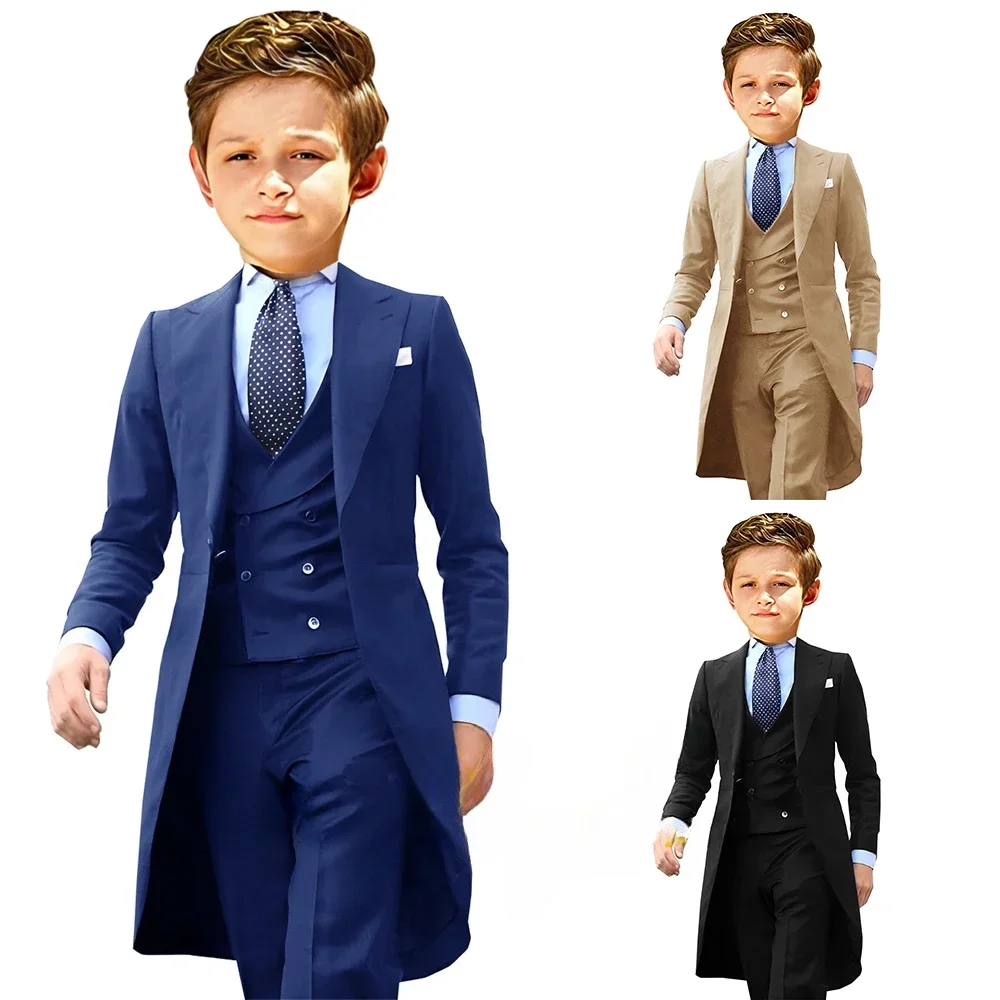 Royal Blue Boys Suits Long Tuxedo Jacket Pant Vest Three-Piece Suit Wedding Dress Kids Formal Business Blazer