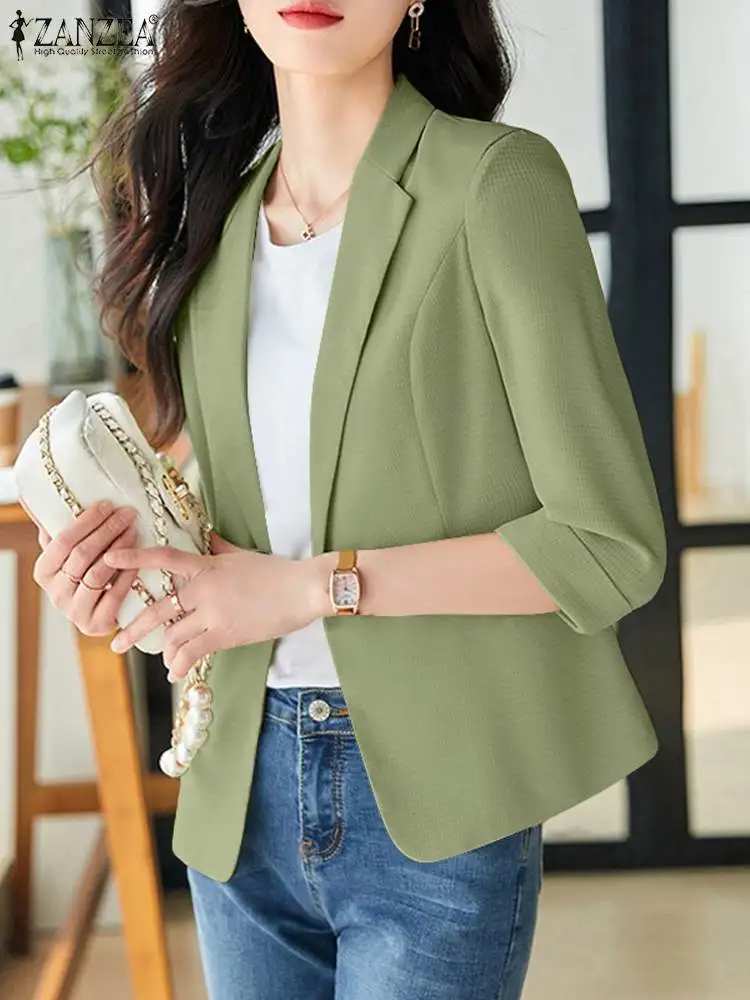 ZANZEA Korean Fashion Waffle Casual Blazer Notched Lapel Office Lady Women Elegant Suits Fall 2024 3/4 Sleeve Thin Suit Jackets