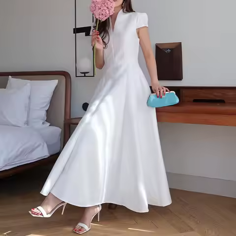 Fashion Women's Swing Maxi Dress Summer Temperament V-neck Slim Satin Evening Dress Elegant High Waist Solid Color Banquet Dress