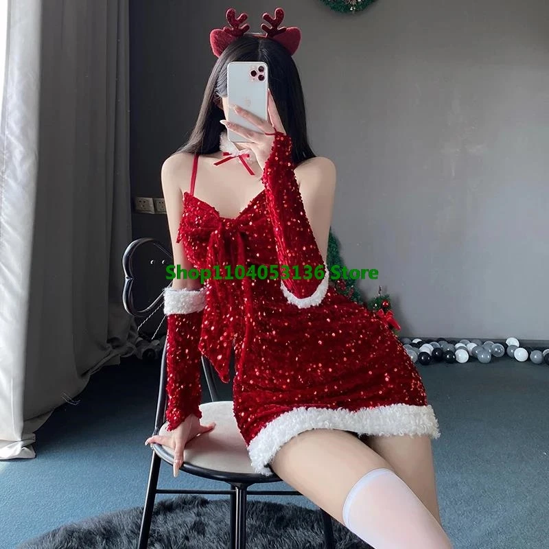 Sexy bodycon feminino natal sexy senhora papai noel cosplay traje lingerie sexy inverno vestido vermelho vestido de festa de ano novo