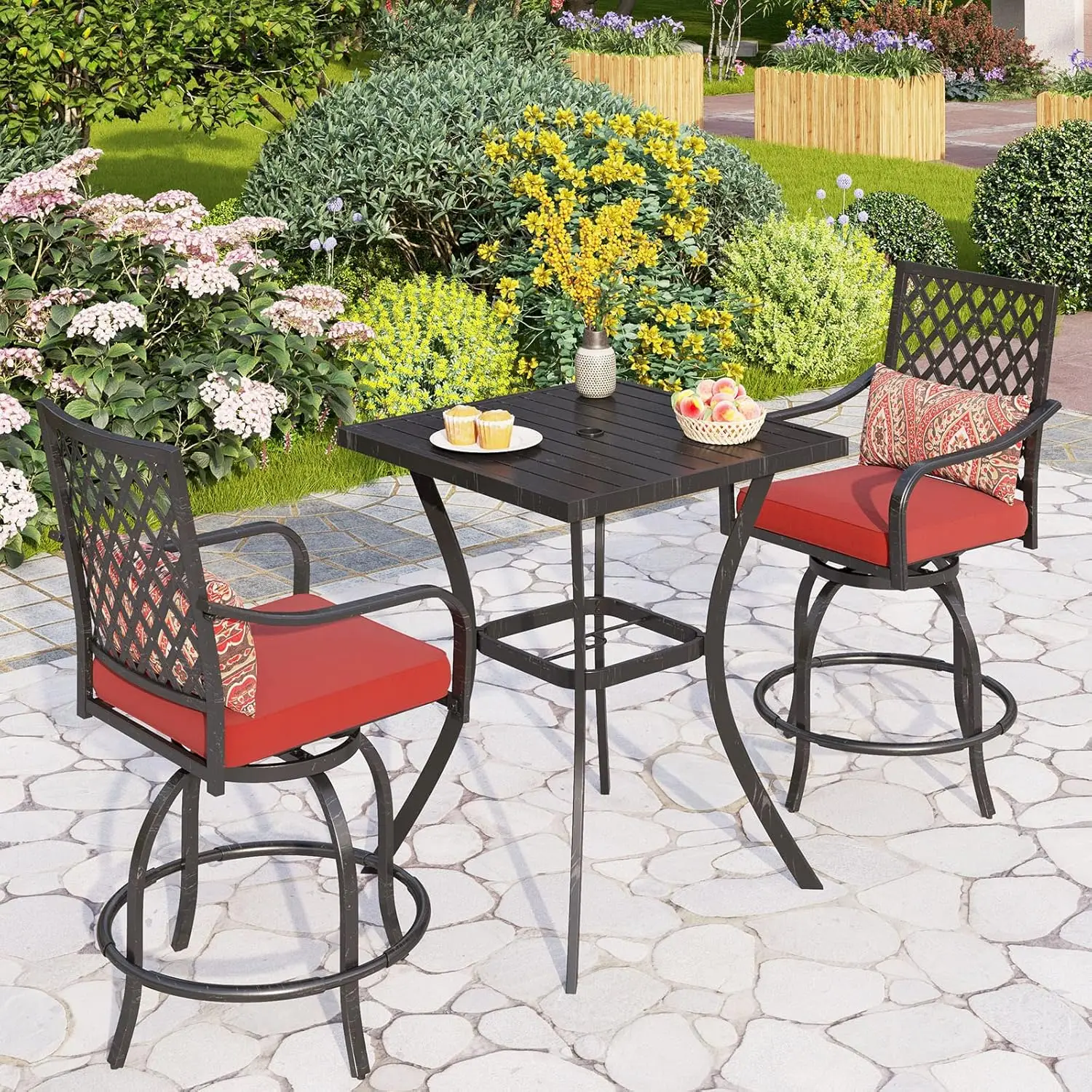 

3pcs Outdoor Metal Bar Set w/2 Swivel Cushioned Stools &31" Square Patio Bar Table w/ Umbrella Hole for Backyard,Porches,Garden