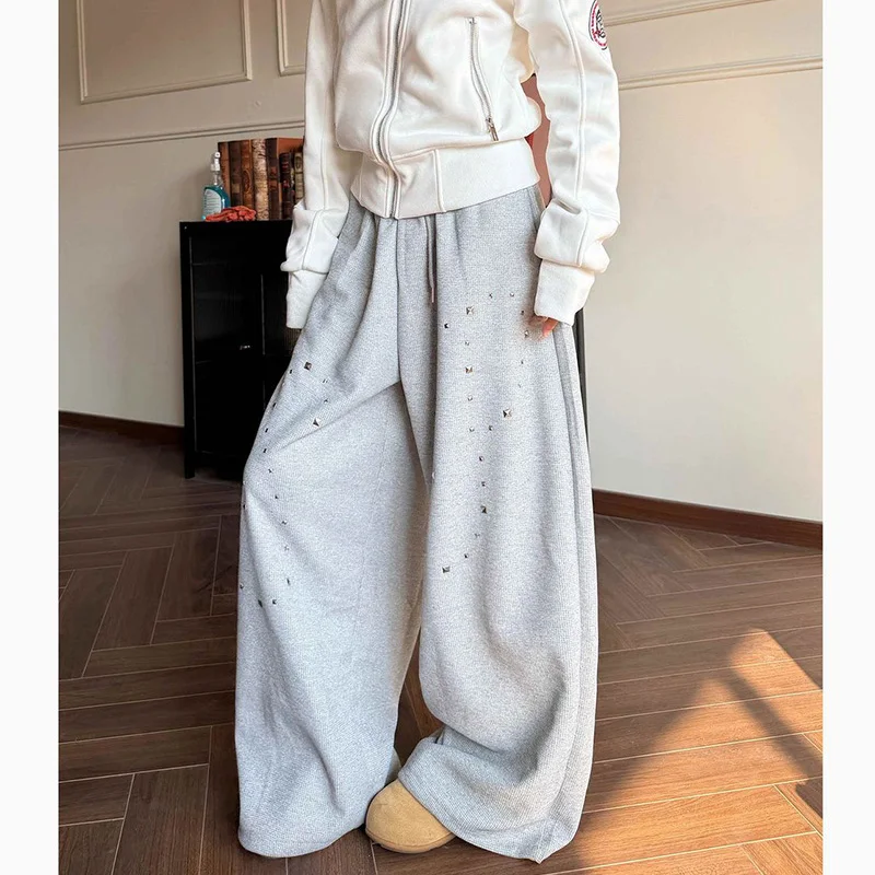 American Vintage Wide Leg Pants Women Casual Loose Rivet Lace Up Straight Trouser Autumn Streetwear Waffle All Match Sporty Pant