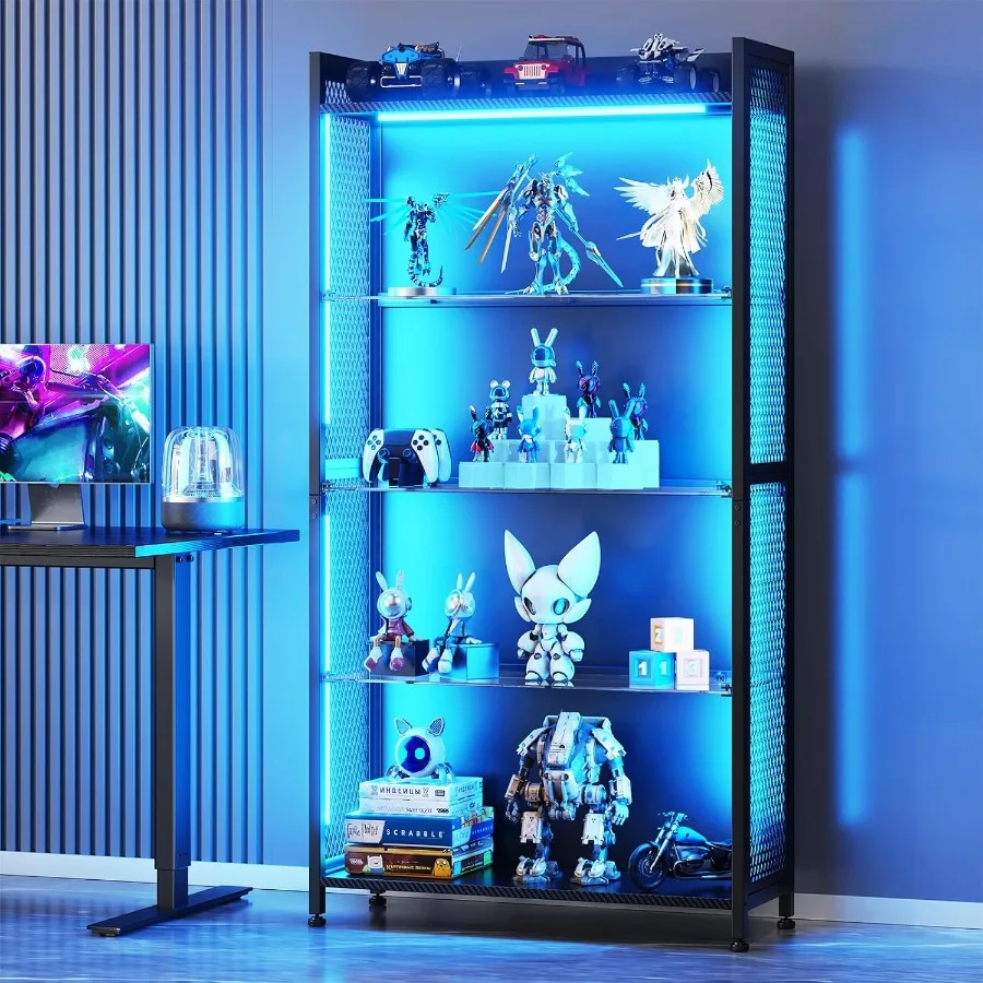 4-Tier Display Case with Tempered Glass Shelves RGB LED Lights for Home/Office, Black Finish, Adjustable Shelving and Soft-Clos