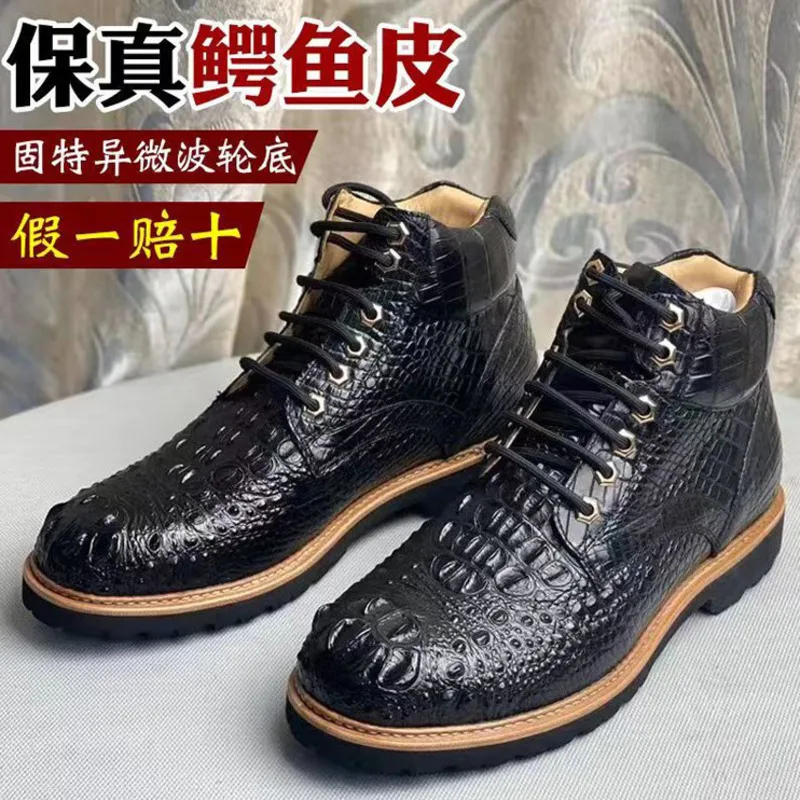 Authentic Crocodile Fashionable High-end Wheel Anti Slip Sole High Top Skull Short Boots Leather Suede Handsome Men Casual Shoes