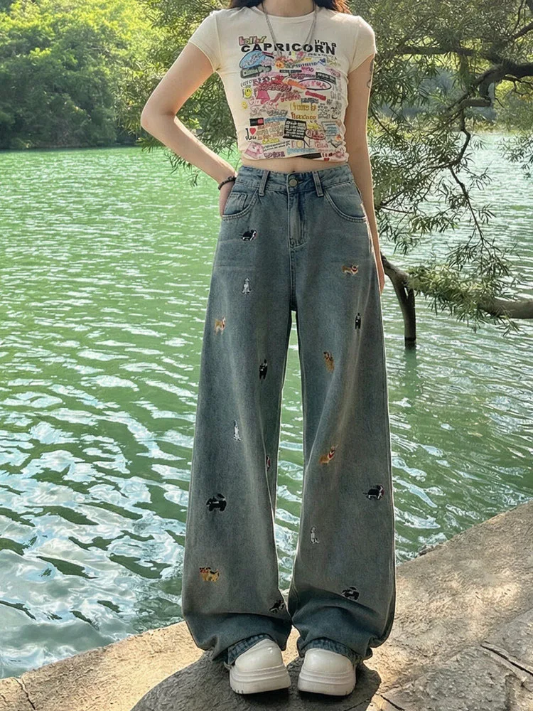 Sweet Cool Spicy Girl American Style Dog Embroidery Jeans Women Summer New Loose Slim Straight Wide Leg Floor-Length Pants