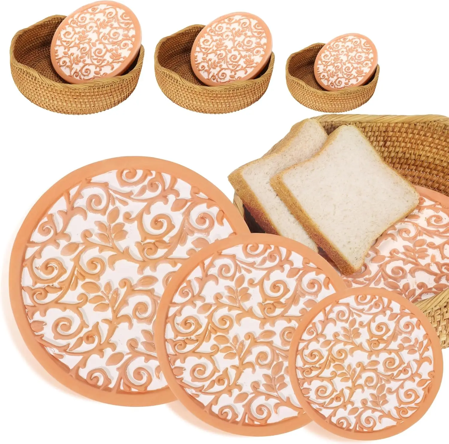 

Rattan Bread Baskets with Terracotta Stone - Bun Warmer Set, Rustic Kitchen Decor & Christmas Gifts