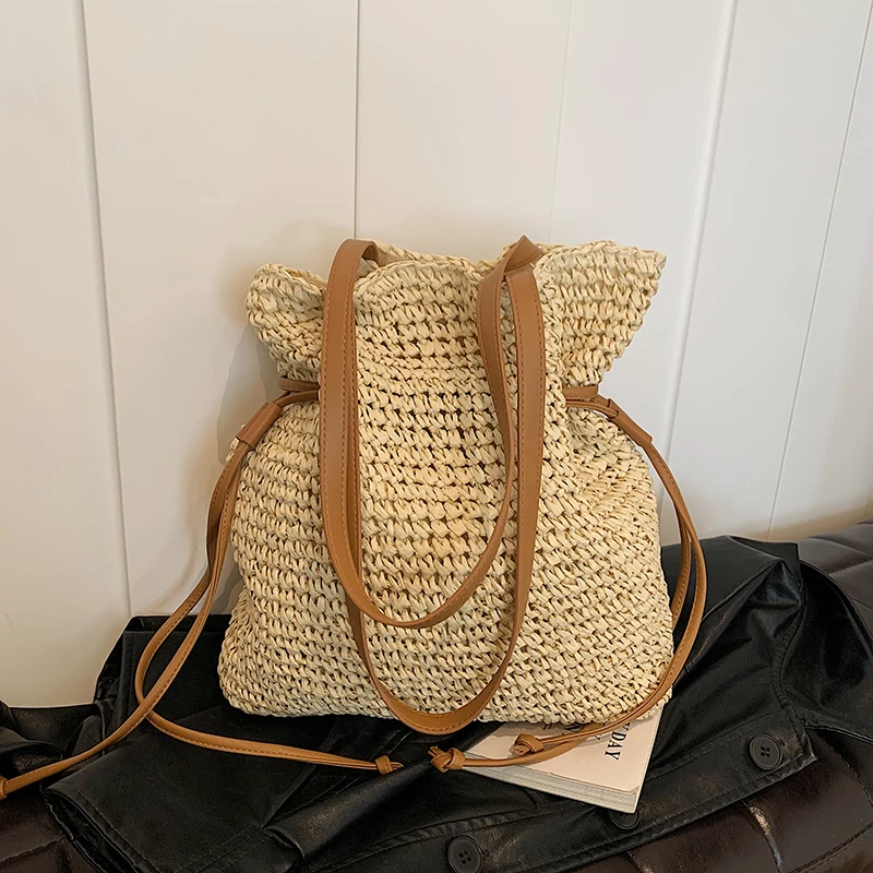 

Straw Shoulder Bags Solid Hasp Versatile Female Tote Bag Handmade Fashion Holiday Casual Top-Handle Bags Lady Beach Purse