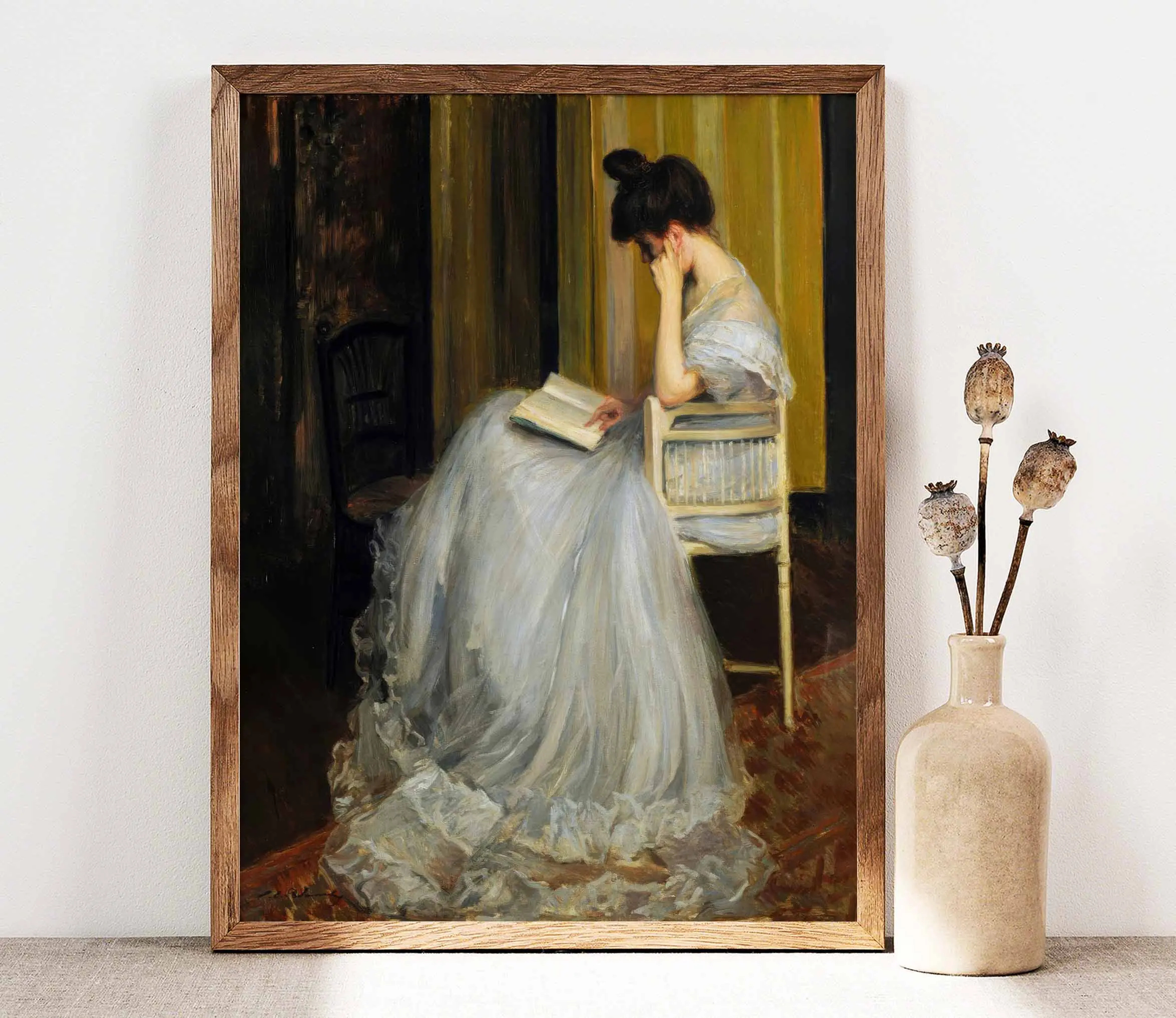 صورة عتيقة لسيدة القراءة ، طباعة فنية ، امرأة جمالية عتيقة في فستان خفيف جميل ، لوحة قماشية ، ديكور منزلي