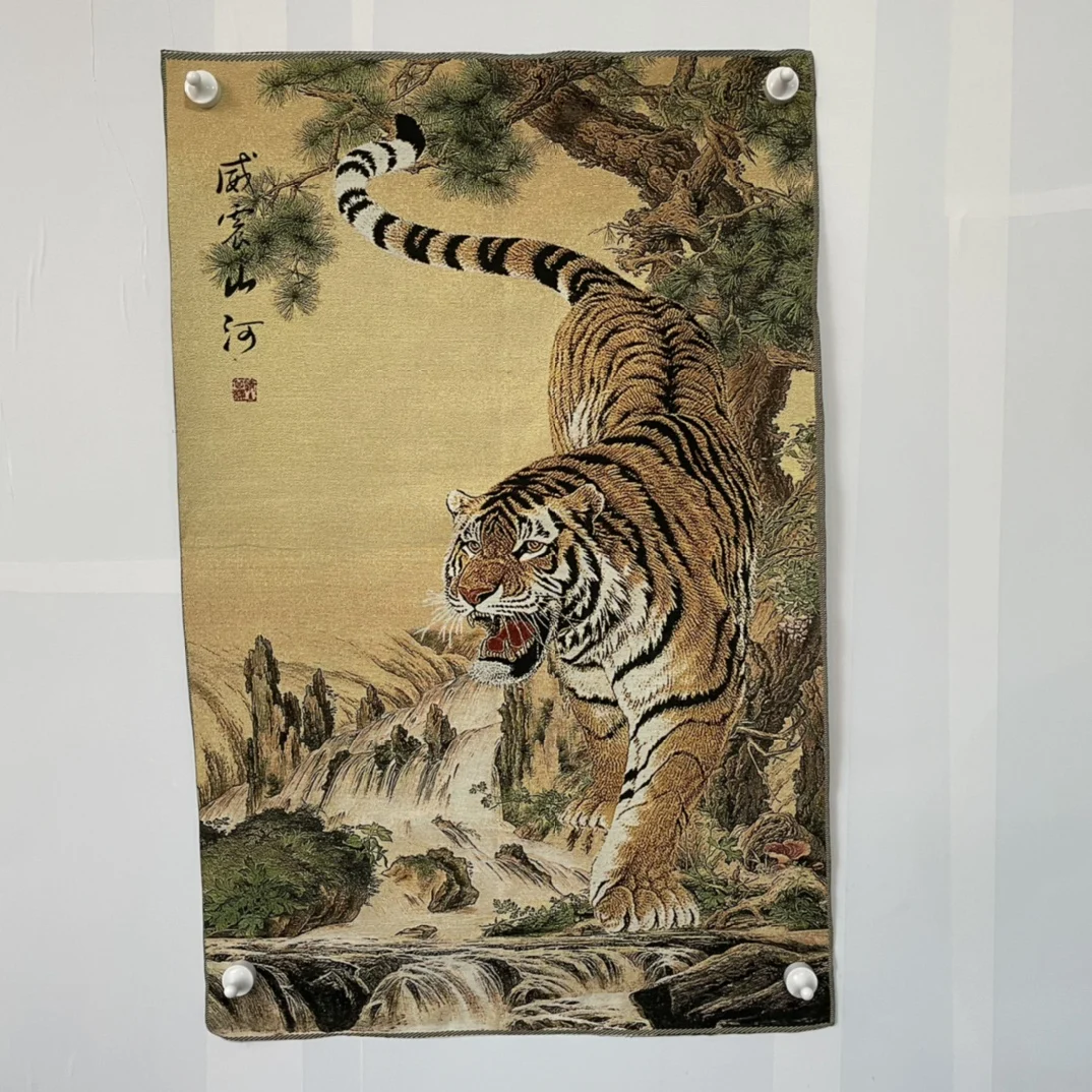 Antique Tangka Embroidery, Megatron Mountain and River Tiger Statue, Home Decoration Hanging Picture