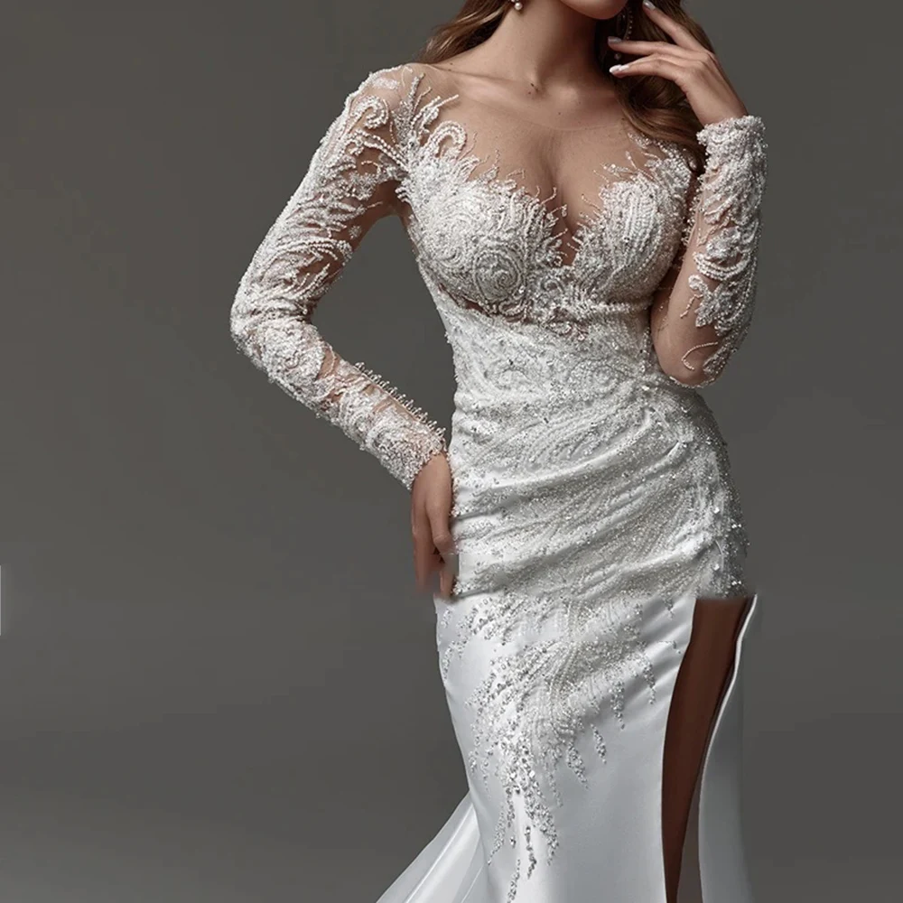 New Delicate Mermaid Wedding Dresses Sexy O-neck Long Sleeve Side leg open Satin Beading Bridal Gowns Customized Party Clothing