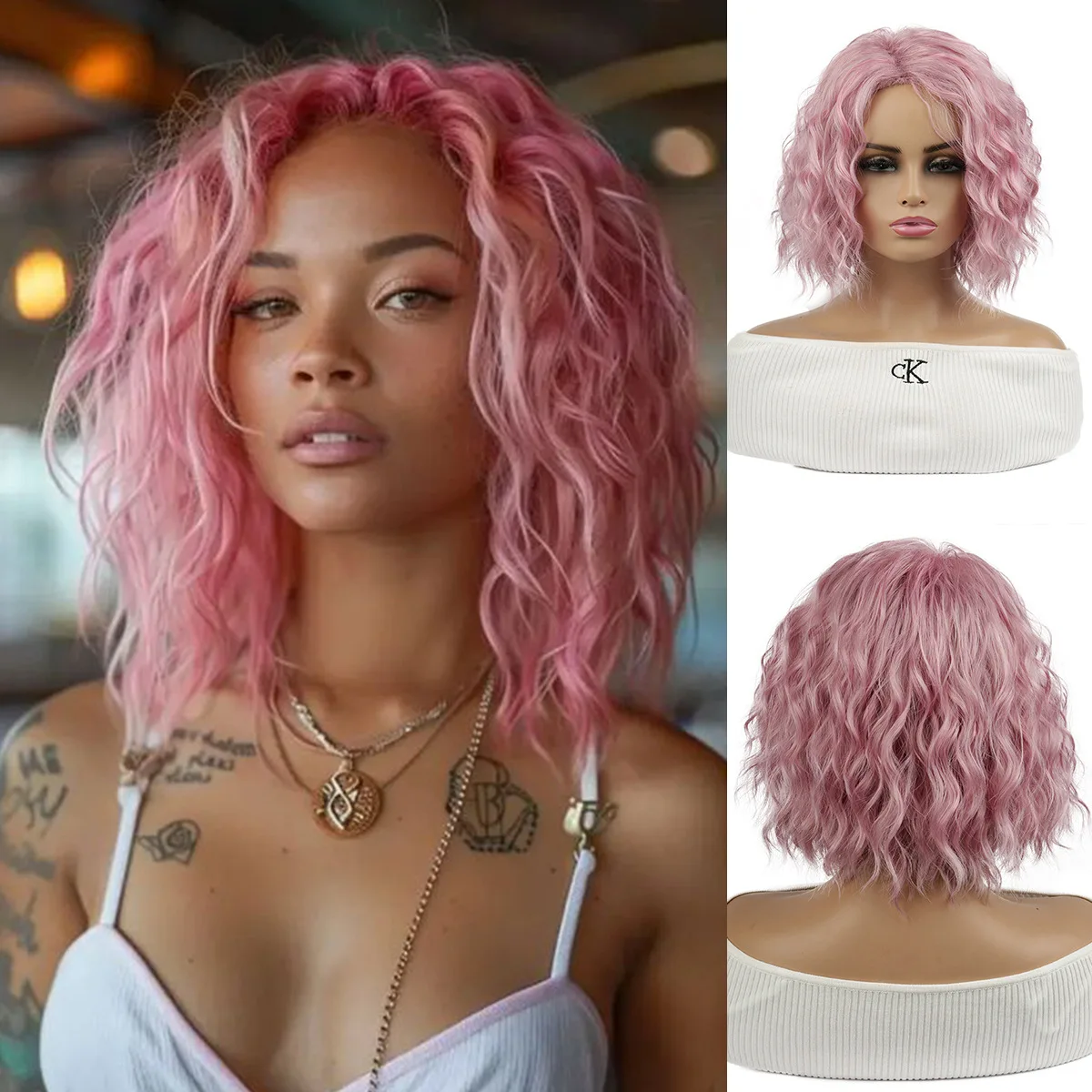 

European and American medium boob head pink medium wig female 9inch chemical fiber full headgear wigs