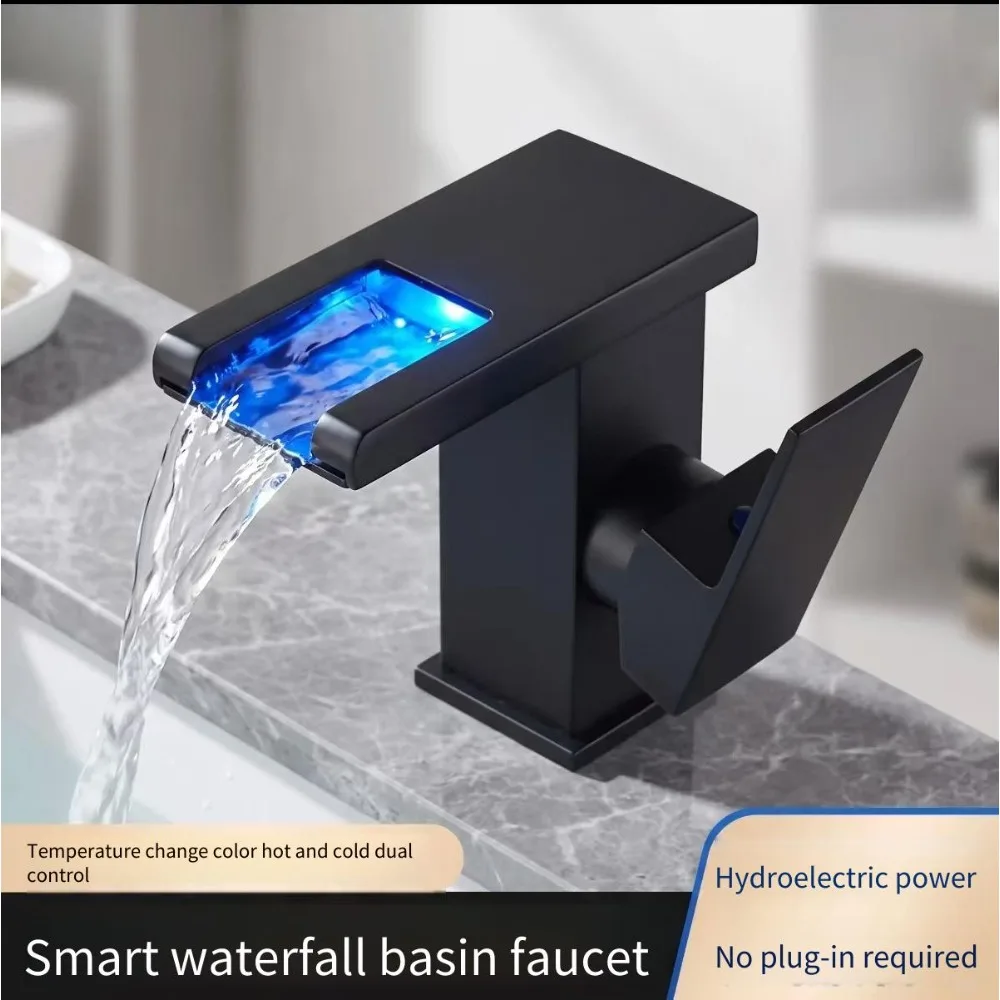 Luminous Faucet Bathroom Bathroom Temperature Control Color-changing Washbasin Faucet Waterfall Hot and Cold Faucet