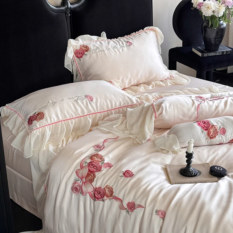 Rose Flowers Embroidery Bedding Set Luxury Lyocell Cotton Chiffon Lace Princess Duvet Cover Set Bed Sheet Pillowcases