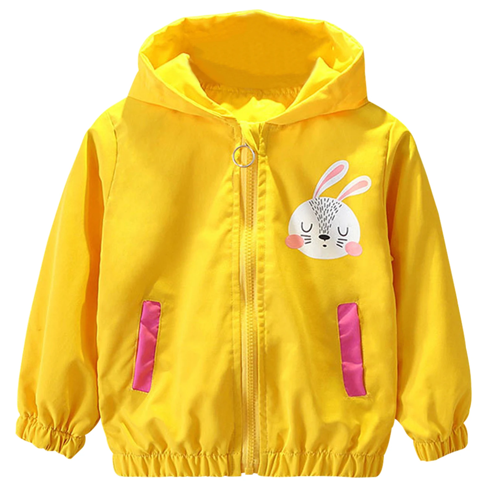 Куртка для девочек с милым кроликом и капюшоном, милое весеннее пальто для малышей, легкая повседневная верхняя одежда на молнии для малышей, ветровка