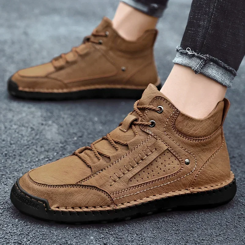 Winter Boots for Men 2023 Plush Hand Suture Leather High-top Hiking Shoes Outdoor Non-slip Warm Ankle Men Boots Big Size 48 Male