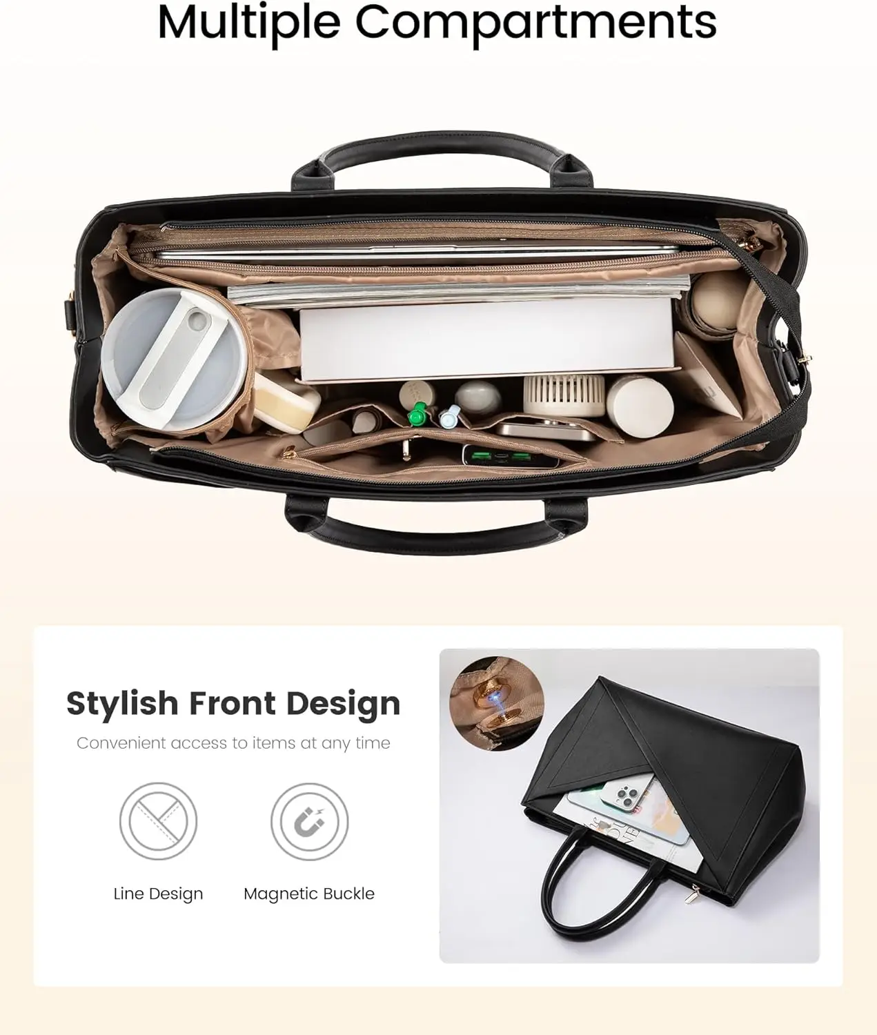 حقيبة كمبيوتر محمول من جلد البولي يوريثان للنساء مع حامل أكواب، حقيبة عمل مقاومة للماء مقاس 15.6 بوصة للمعلمين، حقيبة مكتب الأعمال