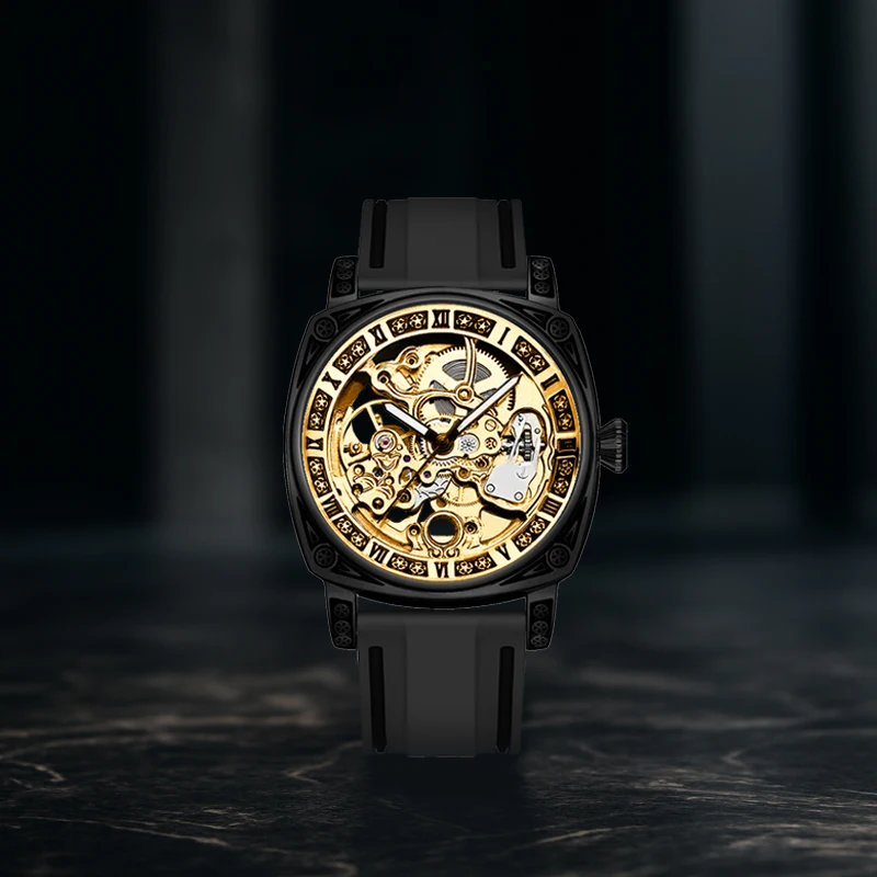 

Мужской черный силиконовый ремешок, винтажный повседневный черный корпус с гравировкой и римскими цифрами, автоматические механические часы