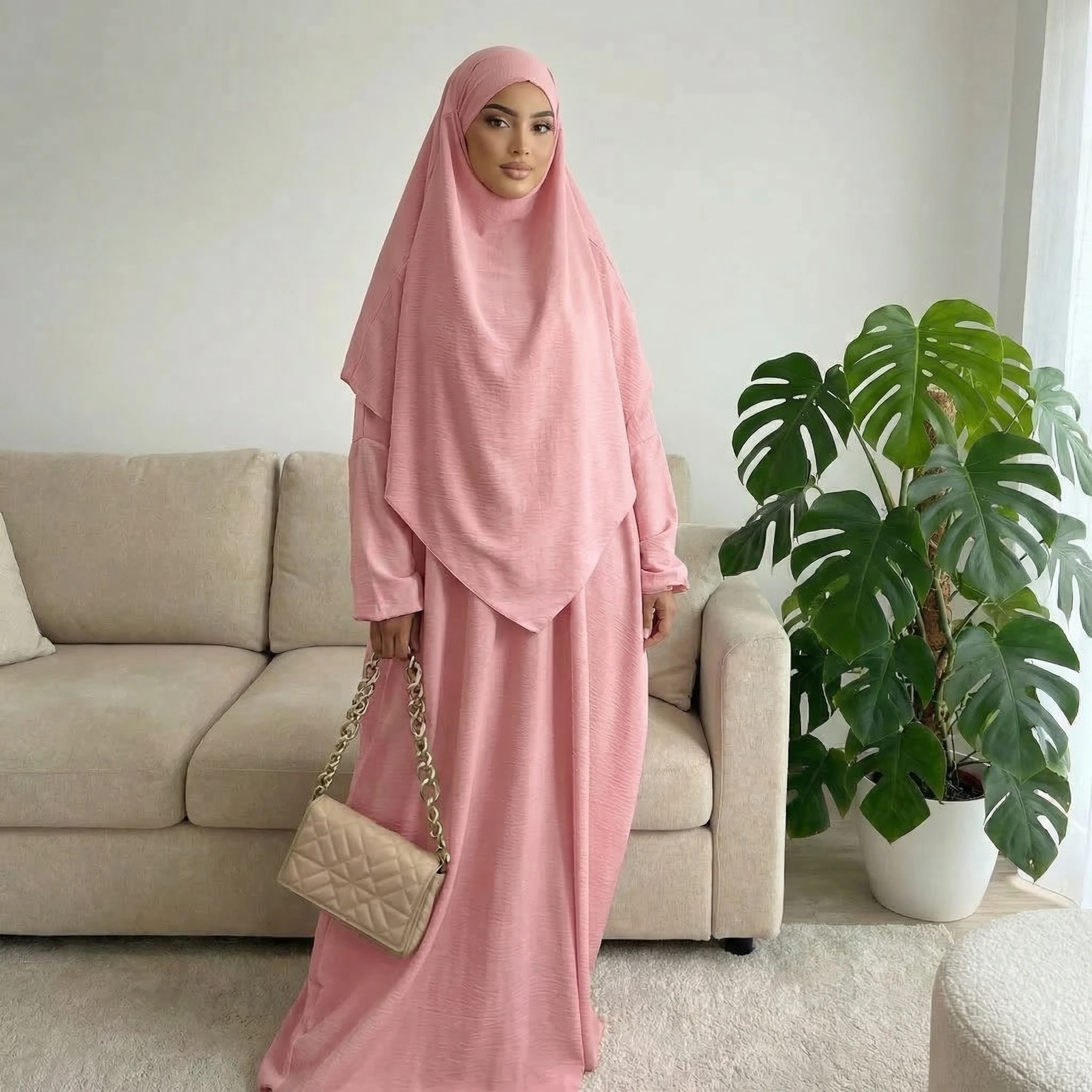 

Abaya Solid Color Prayer 2pcs Set | Muslim Women Open Front Long Kaftan with Hijab