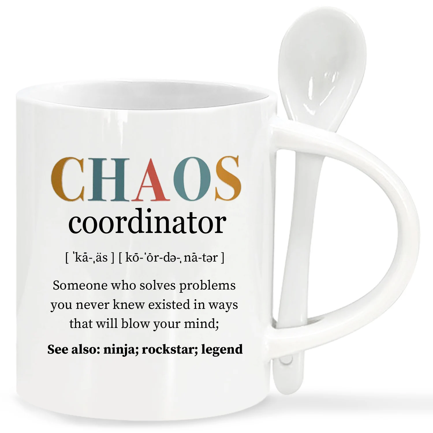 Ceramic Cup Coworker Gifts For Women, Chaos Coordinator Gifts for Boss,Teacher, Funny Appreciation, 11 Oz Coffee Mug with Spoon