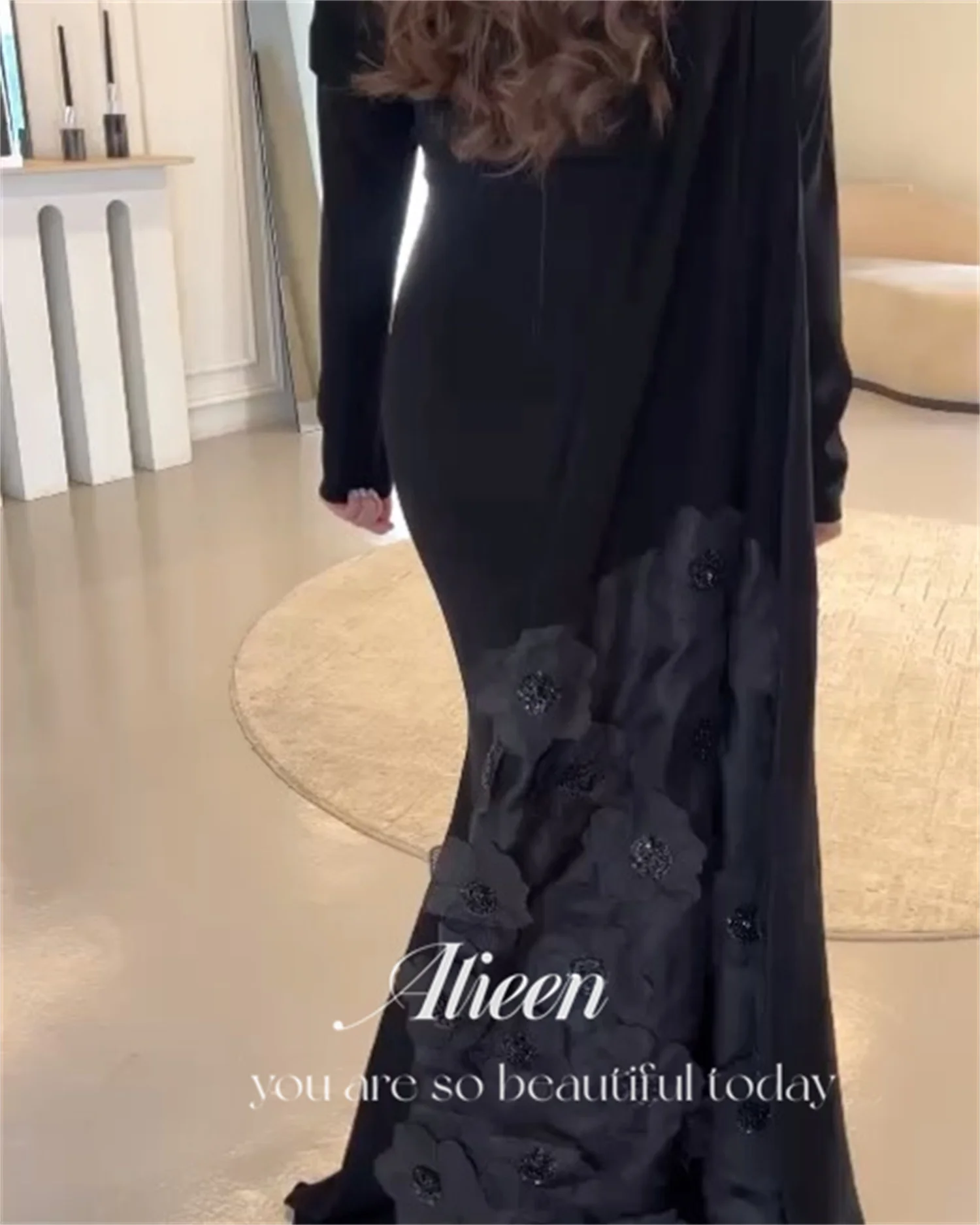 Aileen Long Tail Sleeves Black 3D Flowers Customized Evening Dresses 2024 Luxury Dubai Formal Dress With Stones and Crystals