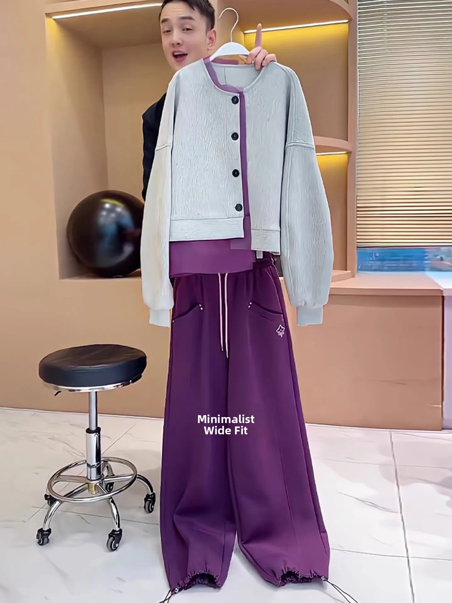 

Fashionable Purple Wide Leg Pants And Jacket Set Women's Style Half Globe Suit Outerwear Top And Bottoms Two-Piece Ensemble