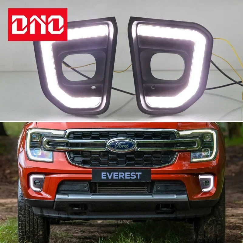 Car LED DRL 12V Daylights For Ford Everest 2022 Yellow Turn Signal Daytime Running Headlamps Auto Driving Lamp Foglamps