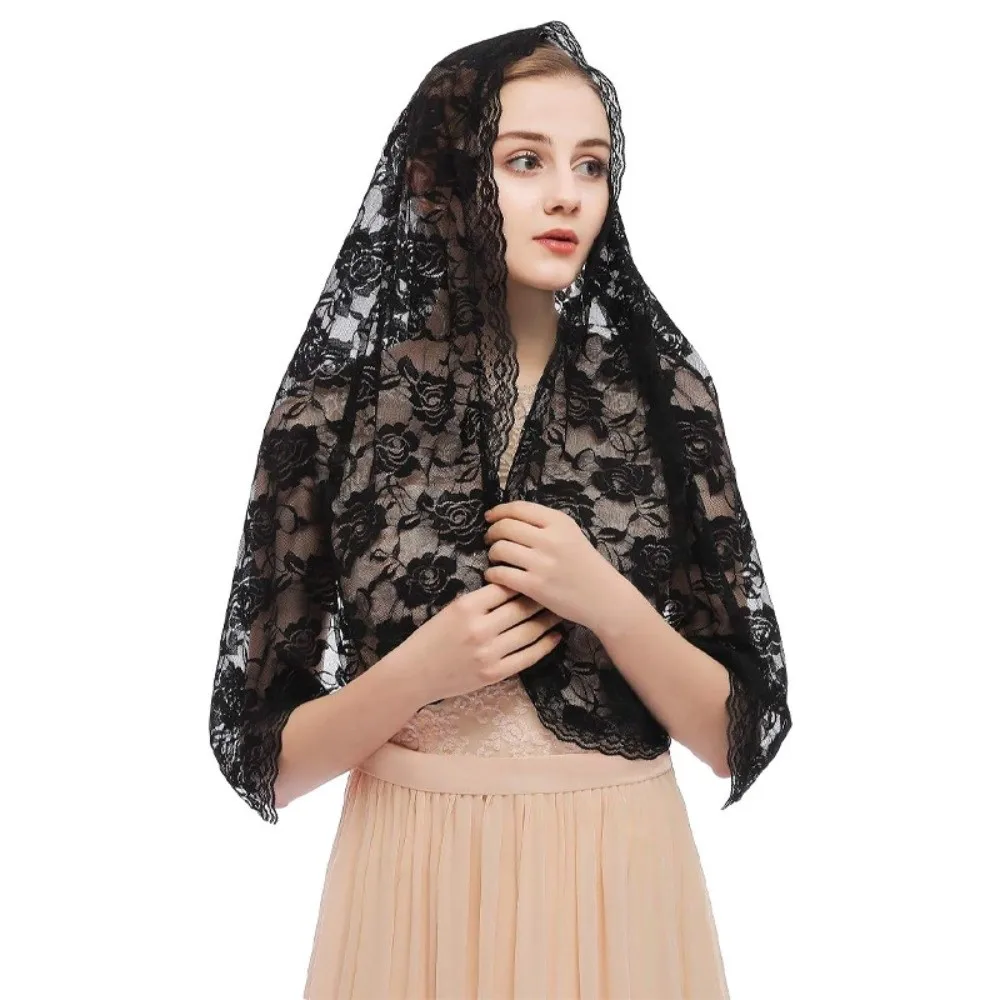

Elegant Veil Prayer Shawl Lace Trim Breathable Wedding Lace Shawl Spanish Style Long Mantilla Headwear Scarf for Woman