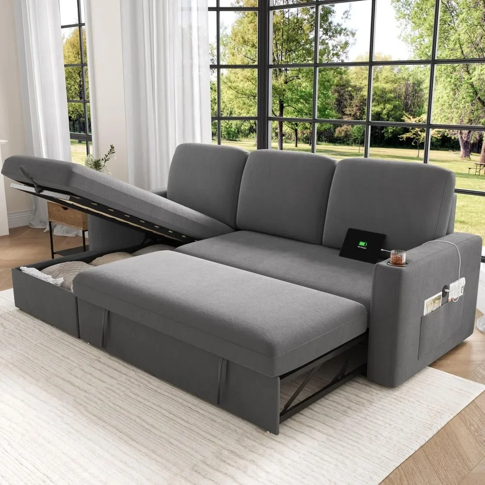 87" Pull Out Sleeper Sofa Bed with Storage Chaise, Reversible 2 in 1 Sectional Sofa Bed with Charging Station and Cup Hol