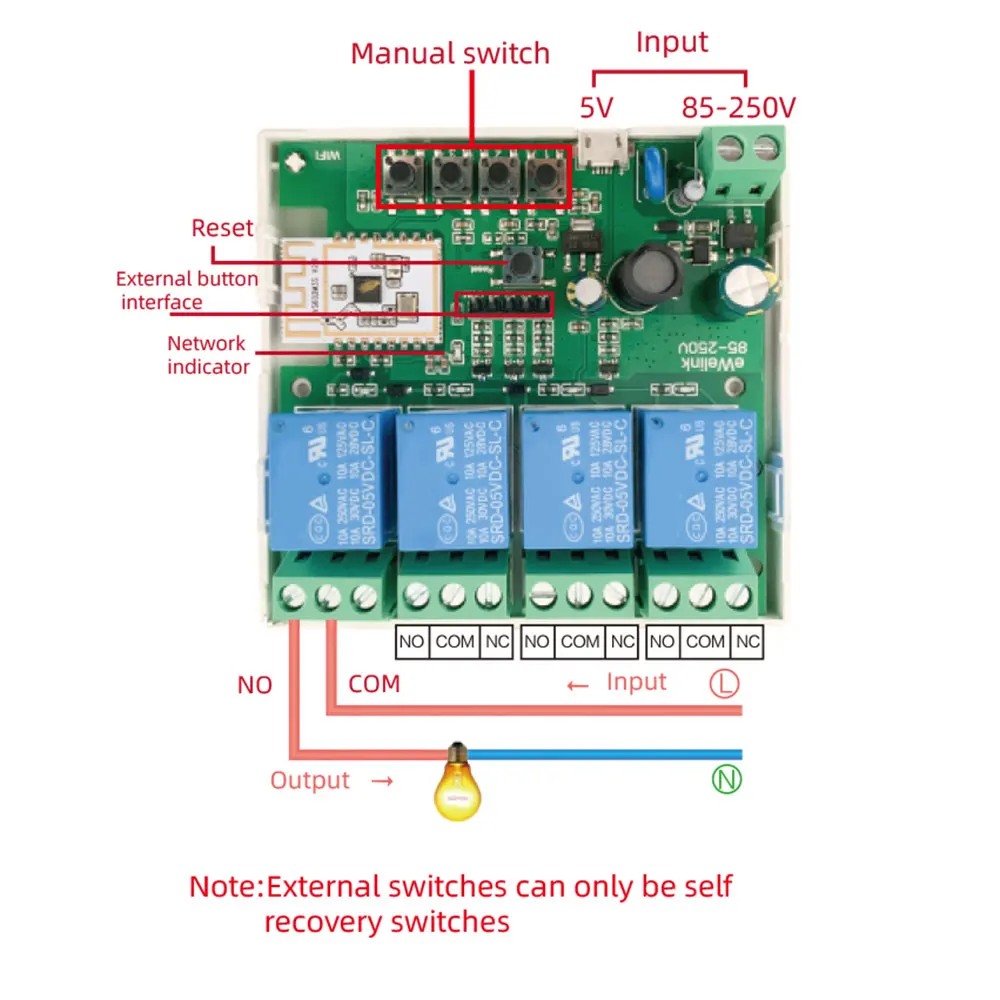 eWeLink 4 Channel Smart WiFi Bluetooth Wireless Dry Contact Relay Switch Module,APP Remote Control,Works With Alexa Google Home