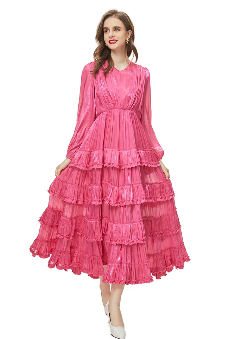 

Autumn Fashion Runway Vintage Rose Red Dress Women V Neck Long Sleeve Ruffles Sashes High Waist Slim Pleated Long Dress