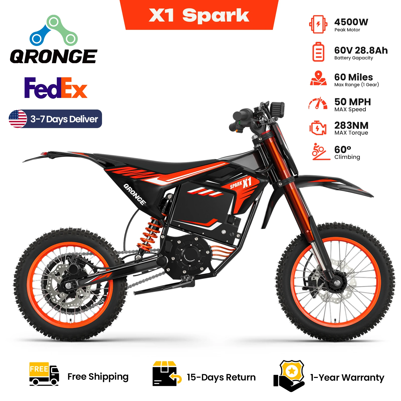 

QRONGE X1 Spark Электрический велосипед для бездорожья 4500 Вт Пик 60 В 28,8 Ач 50MPH Электрический мотоцикл 14/12 "Горный внедорожный электронный велосипед с толстыми шинами