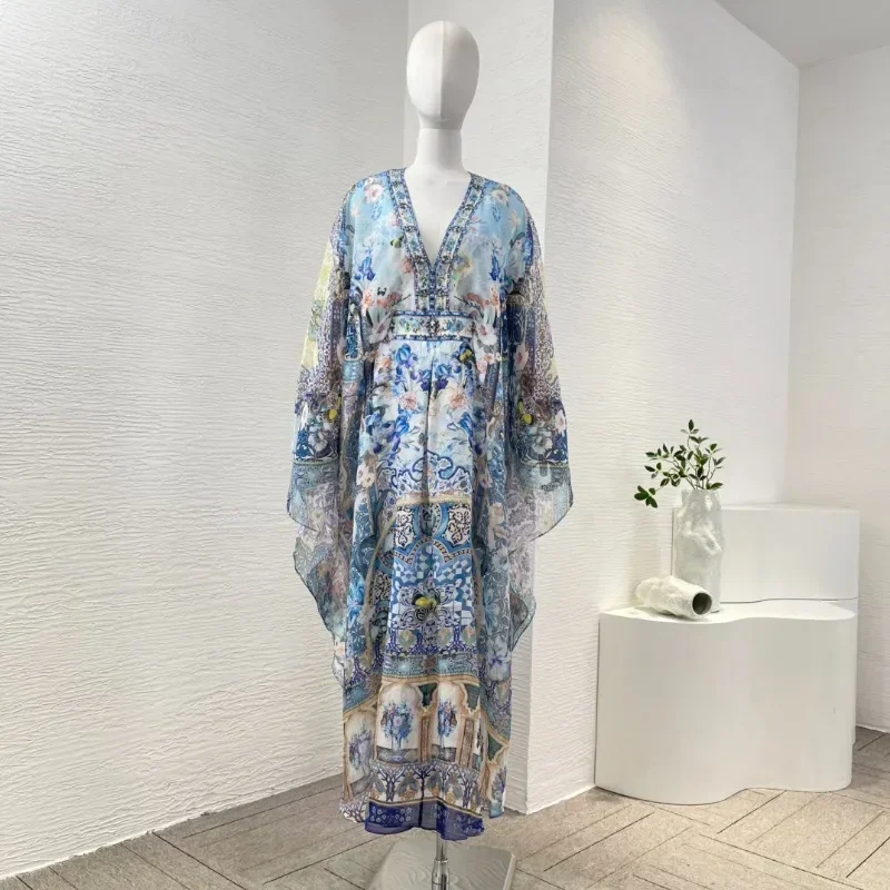 

2025 New Arrivals Pure Silk Blue Floral Print Long Flare Sleeve High Quality Diamonds Women Loose Maxi Dress for Holiday