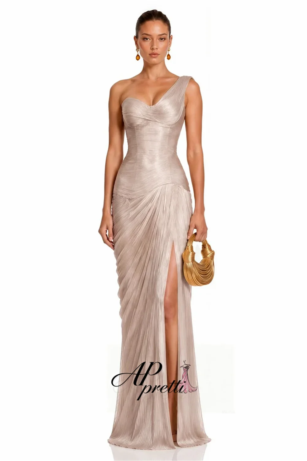 AP pretti Sparkly One-Shoulder Mermaid Formal Evening Gown Side High Slit Pleat Reception Dress Customized Party Dress ﻿
