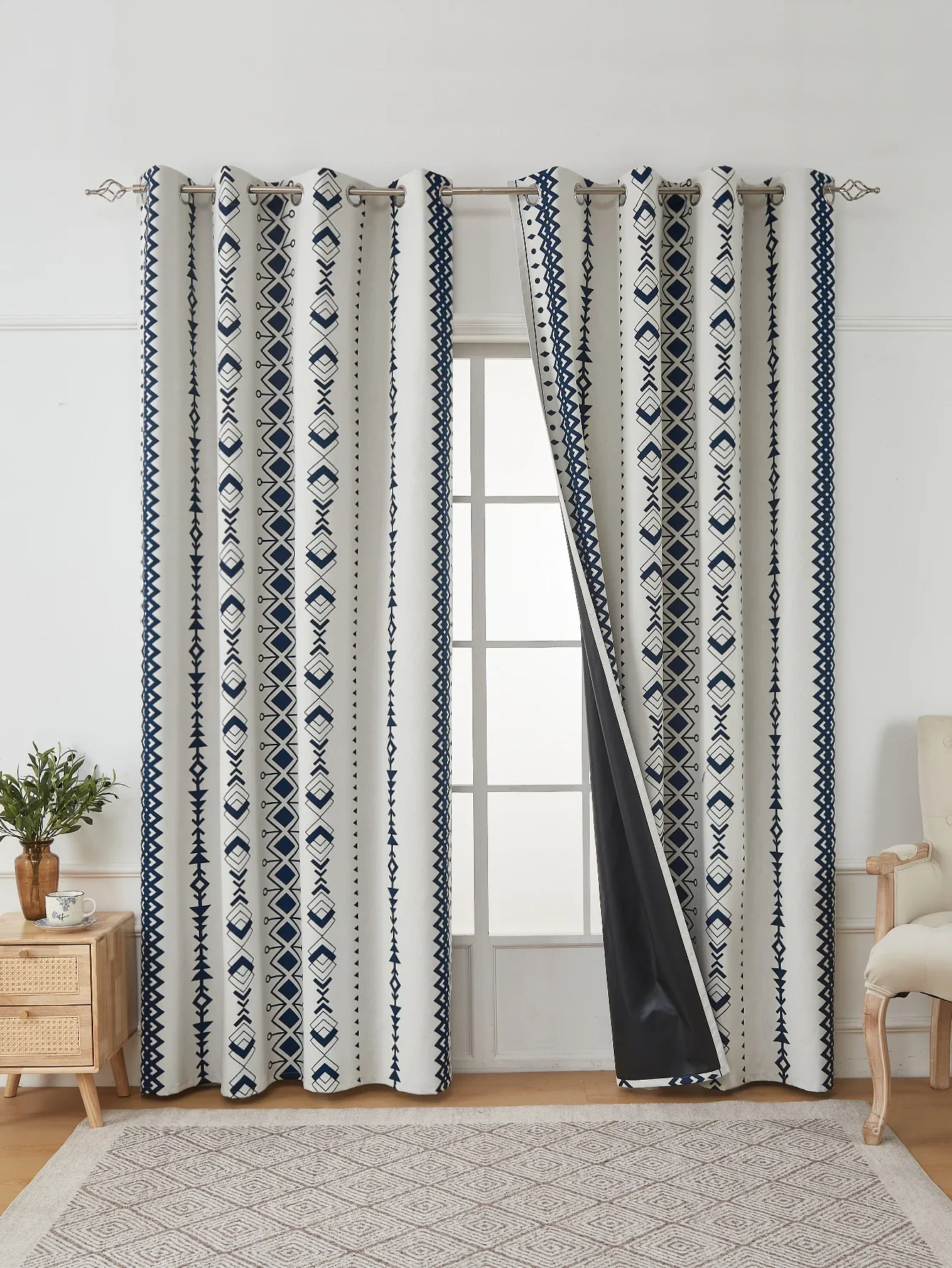 Blue and white circular small grid perforated curtains, living room and bedroom full blackout curtains Pink curtain Bead curtain