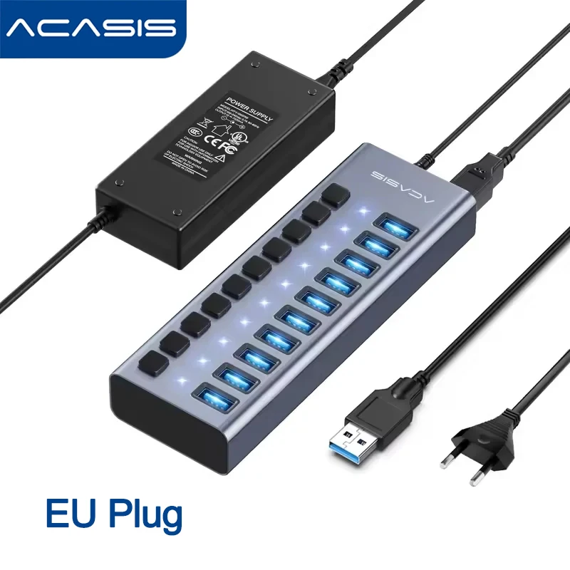 Acasis USB Splitter Aangedreven USB Hub Aluminium 10-poorts Expander USB 3.0 Data Hub Splitter Individuele Aan/Uit Schakelaars voor PC Laptop