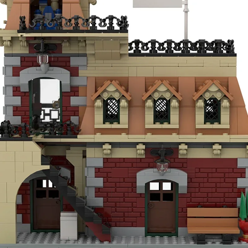 Moc blocos de construção modular vista rua estação trem tijolos técnicos diy montagem brinquedos construção para crianças presentes do feriado