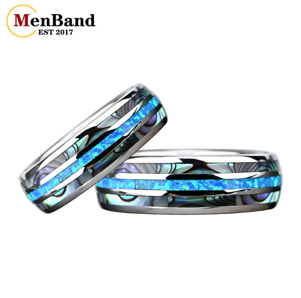 

8mm Silver Polished Domed Tungsten Wedding Ring, Abalone Shell & Crushed Blue Opal Inlay，Unique Anniversary Promise Jewelry