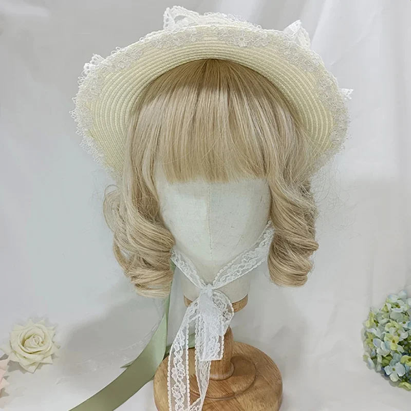 Chrysanthemum Straw Hat Bow Ribbon Sunshade Hat Lolita Girl Maid Cosplay Lace Pastoral Hat For Women Gift