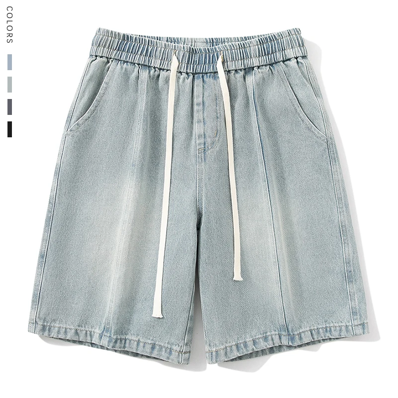 

Summer Loose Men's Denim Shorts Casual Korean Fashion Short Pants Vintage Wash Drawstring Knee-length Jeans Streetwear