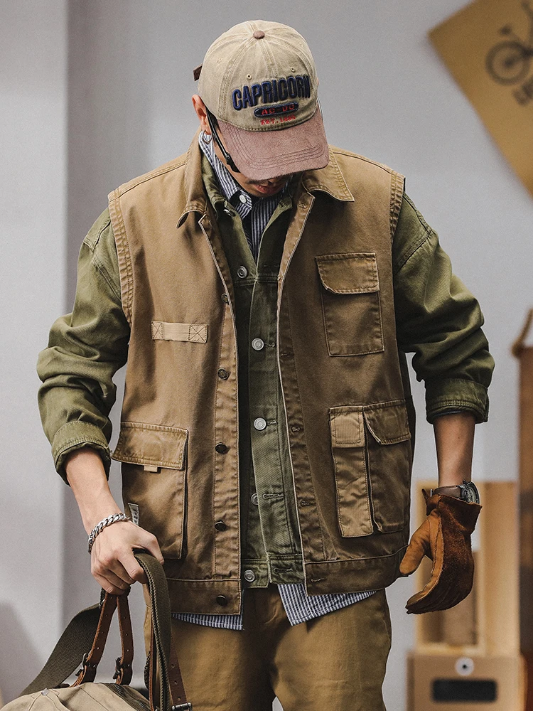 

Мужской винтажный рабочий жилет в американском стиле, весенний, с отложным воротником, модный брендовый, с множеством карманов, функциональный, свободного кроя