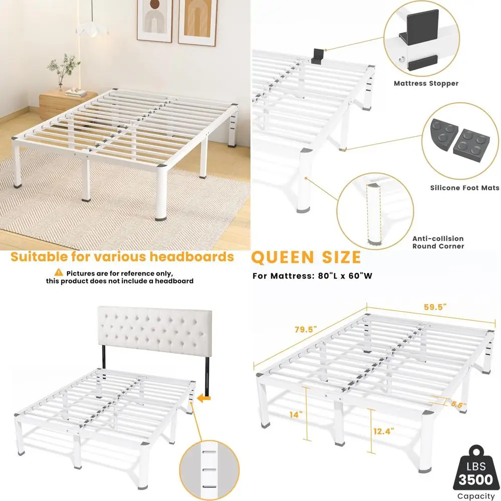 

14 Inch Queen Size Metal Platform Bed Frame with Round Corner Legs and 3500 lbs Steel Slat Support, No Box Spring Needed