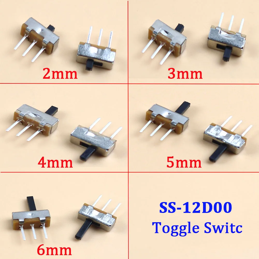 

10-100Pcs SS12D00 Mini Slide Switch 3pin 1P2T 2 Position High quality toggle switch Handle length:2MM/3MM/4MM/5MM/6MM