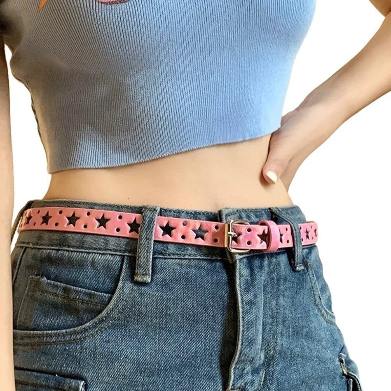 Hollow Out Star Waist Belts for Jeans Pink Belt for Y2K Girls Hip Hop Impressive Cowboy Stage Street Dance H9ED