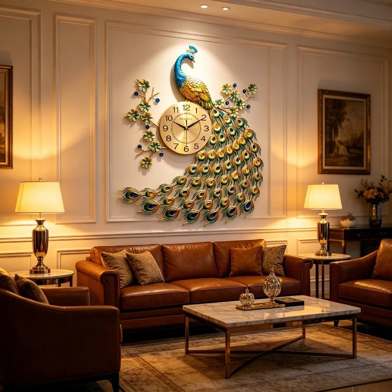Luxury Living Room Wall Clocks Stereoscopic Peacock Feather Creative Silent Quartz Wall Watch Large Simple Home Decor Gift
