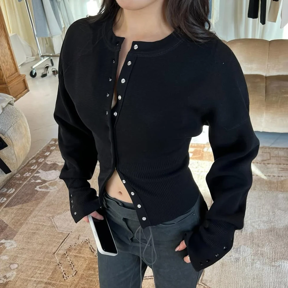 Talenza Women's High Waist Round Neck Single Breasted Cardigan Solid Long Sleeve Short Sweater Top Autumn Slim Bottoming Shirt